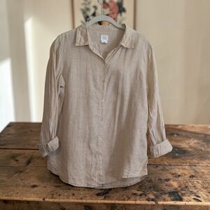 Sigrid Olsen Button Up Shirt Womens M Beige 100% Linen Roll Long Sleeve